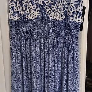 Blue and White Strapless Smocked Maxi Sundress